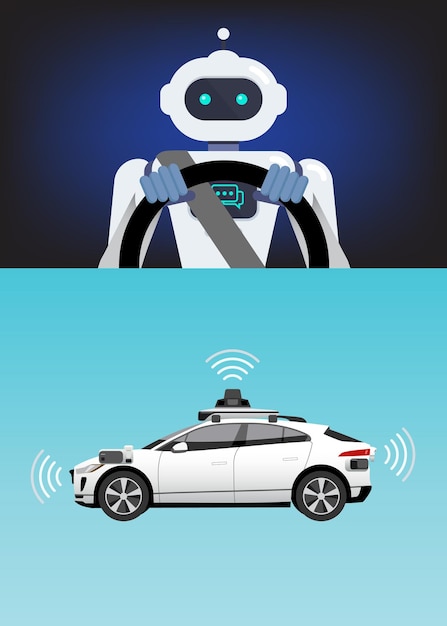 Robot prowadzi samochód Koncepcja technologii jazdy autonomicznej