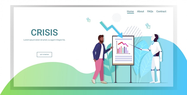 Robot Przedstawiający Wykres W Dół Do Ekonomicznej Strzałki Spadające Na Flipchart Kryzys Finansowy Pojęcie Bankructwo Sztuczna Inteligencja Pełnej Długości