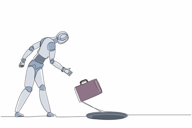 Robot rysujący jedną linię rzuca walizkę do dziury Wektor rozwoju technologii przyszłości