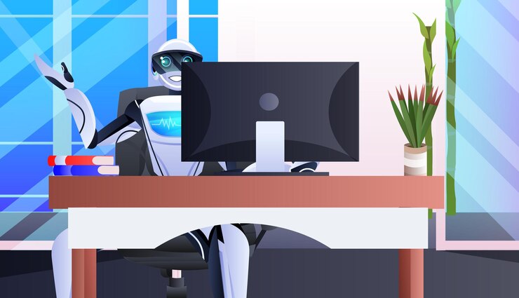 Wektor robot siedzący w miejscu pracy robotyczny biznesmen pracujący w biurze koncepcja technologii sztucznej inteligencji pozioma