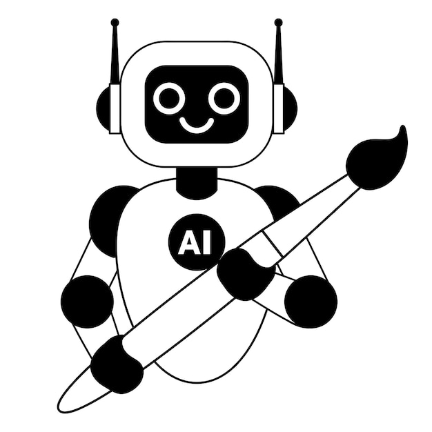 Robot trzymający szczotkę sztuczna inteligencja tworząca obraz ai generująca głęboką sztukę cyfrową