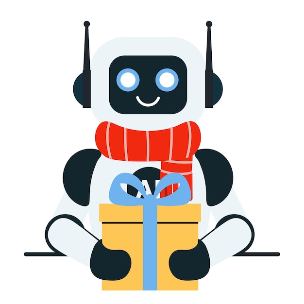 Robot w czerwonym szalu daje prezent płaską ilustrację odizolowaną na przezroczystym tle Bożego Narodzenia