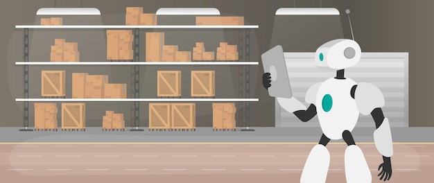 Plik wektorowy robot w magazynie produkcyjnym. robot trzyma tablet. futurystyczna koncepcja dostawy, transportu i załadunku towarów. duży magazyn z szufladami i paletami. wektor.