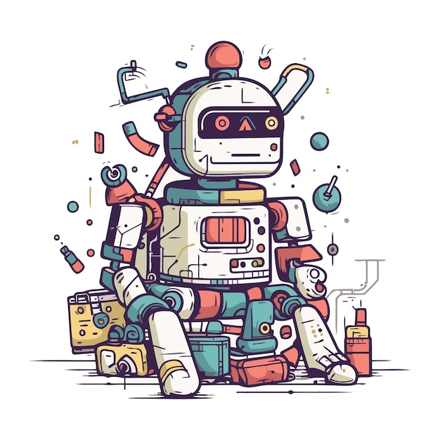 Plik wektorowy robot z różnymi narzędziami ilustracja wektorowa w stylu doodle