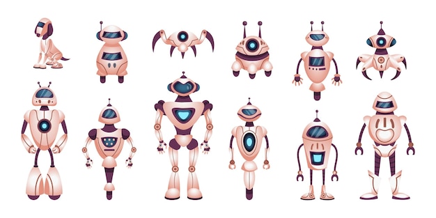 Robot zabawki Śmieszne android różne postacie uroczy asystent technologii ai futurystyczna dziecinna gra Humanoidalny dron i inne modele Nowoczesny przyjazny bot Kreskówka wektor zestaw