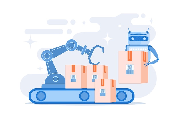 Robot zastępujący człowieka pracującego z pudłami na przenośniku taśmowym i ramieniu robota Zastępstwo pracy