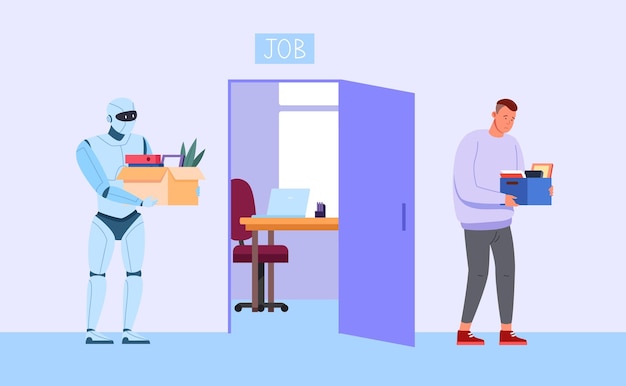 Robot Zastępuje Pracownika Przejęcie Androida Praca Zwolnionego Pracownika Wymiana Maszyny W Miejscu Pracy Człowieka Przyszłość Technologia Automatyzacja It Praca Ilustracja Wektorowa Sztucznej Inteligencji
