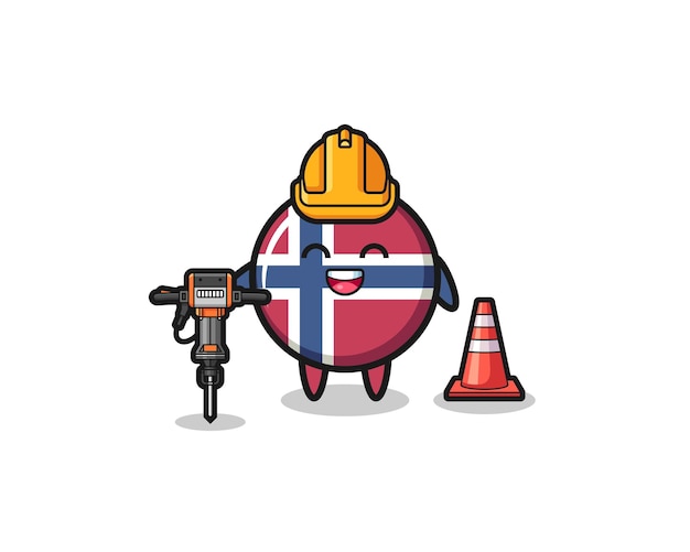 Plik wektorowy robotnik drogowy maskotka flagi norwegii trzymający wiertarkę