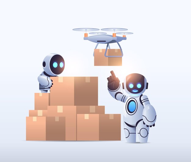 Roboty Kurierzy Przy Kartonach Poczta Lotnicza Dron Szybka Dostawa Przesyłka Technologiczna Sztuczna Inteligencja