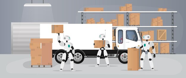 Roboty pracują w magazynie produkcyjnym. Roboty przenoszą pudła i podnoszą ładunek. Futurystyczna koncepcja dostawy, transportu i załadunku towarów. Duży magazyn z pudłami i paletami. Wektor.