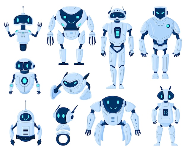 Roboty z kreskówek maszyna cyborga postacie sztucznej inteligencji Cyfrowe cyborgi i nowoczesne maszyny technologiczne zestaw ilustracji wektorowych Postacie z kreskówek robotów