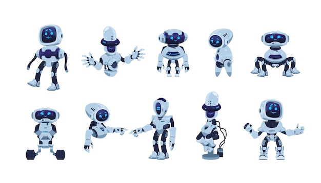 Roboty z kreskówek Sztuczna postać bota z śmieszną twarzą ramionami i nogami różnymi maskotkami AI Wektor futurystyczny robot na białym tle zestaw
