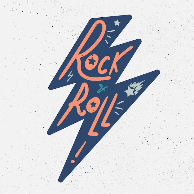 Rock and Roll Napis na koszulkę, naklejkę, nadruk, tkaninę, tkaninę. Vintage ręcznie rysowane odznaka muzyki. Godło muzyczne retro hipster dźwięku dla karty, ulotki koncertowej, fest, pocztówka, etykieta, plakat. Wektor