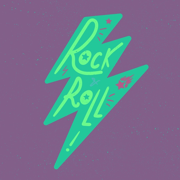Rock and Roll Napis na koszulkę, naklejkę, nadruk, tkaninę, tkaninę. Vintage ręcznie rysowane odznaka muzyki. Godło muzyczne retro hipster dźwięku dla karty, ulotki koncertowej, fest, pocztówka, etykieta, plakat. Wektor