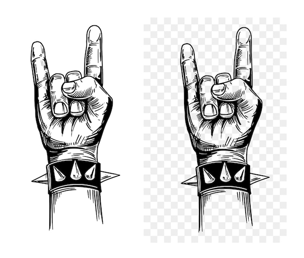 Plik wektorowy rock and roll ręka znak gest czarnym tuszem szkic ilustracji wektorowych