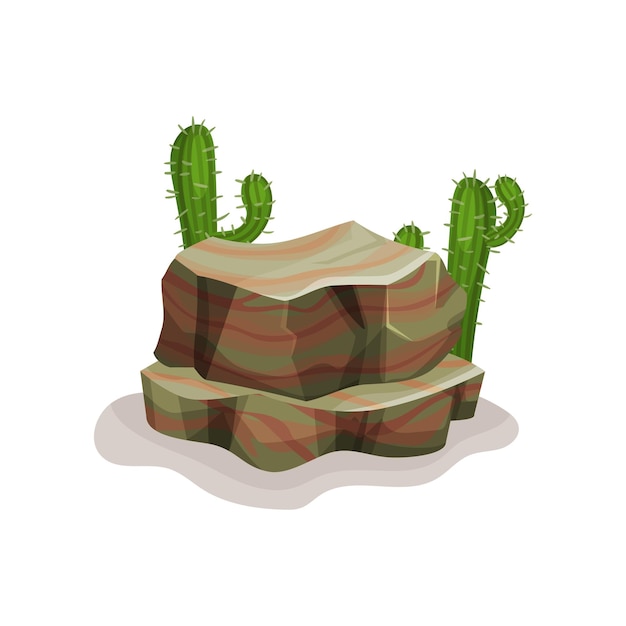 Rock kamień i kaktusy element projektu naturalnego krajobrazu wektor ilustracja na białym tle