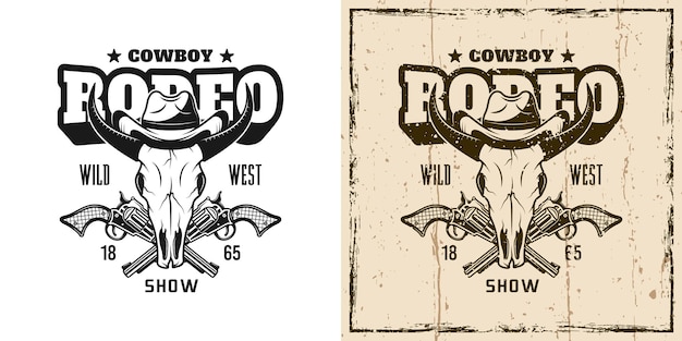 Plik wektorowy rodeo show wektor godło, odznaka, etykieta, logo lub t-shirt nadruk z czaszką byka w kowbojskim kapeluszu w dwóch stylach monochromatycznych i kolorowych w stylu vintage