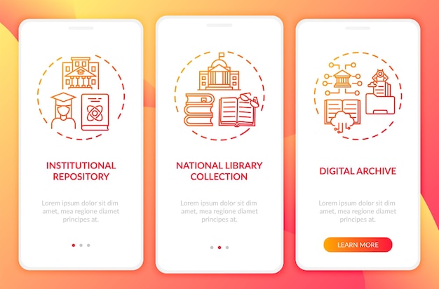 Rodzaje Bibliotek Cyfrowych Wprowadzających Ekran Strony Aplikacji Mobilnej Z Koncepcjami. Przewodnik Po National Archive Books Collection 3 Kroki. Szablon Ui Z Kolorowymi Ilustracjami Rgb