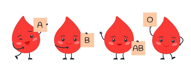 Rodzaje Krwi Happy Bloods Znaki Czerwone Krople Z Banerami Medyczne Elementy Krwawienia Izolowane Słodkie Zdrowe Kropelki Kawaii Przyzwoity Zestaw Wektorowy