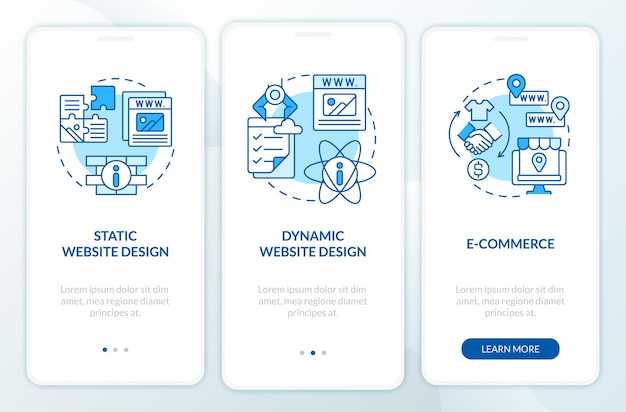 Rodzaje projektowania stron internetowych niebieski ekran aplikacji mobilnej onboarding