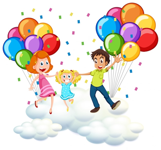 Rodzice i dziewczynka na chmury z kolorowych balonów