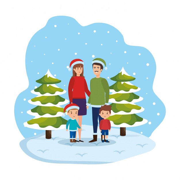 Plik wektorowy rodzice para z dziećmi i zimowe ubrania w snowscape