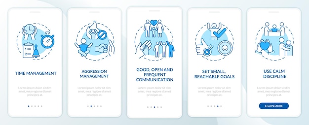 Rodzicielstwo Dzieci Z Ekranem Strony Aplikacji Mobilnej Adhd Onboarding. Instrukcja Kontroli Agresji 5 Kroków Instrukcje Graficzne Z Koncepcjami. Szablon Wektorowy Ui, Ux, Gui Z Liniowymi Kolorowymi Ilustracjami