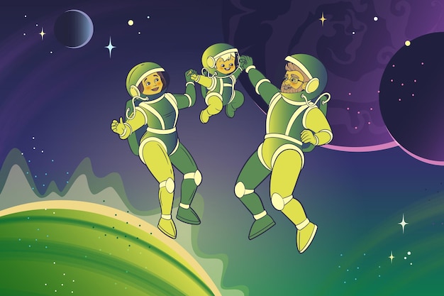 Plik wektorowy rodzina astronautów mama tata i dziecko tańczą w kręgu w przestrzeni kosmicznej ilustracji wektorowych krajobrazu