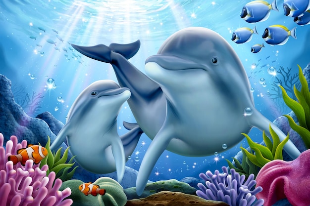 Rodzina delfinów bawi się pod wodą