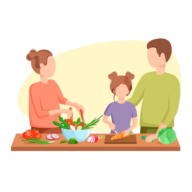 Plik wektorowy rodzina gotuje. tata, mama i córka. zdrowe odżywianie. projekt kreskówki.