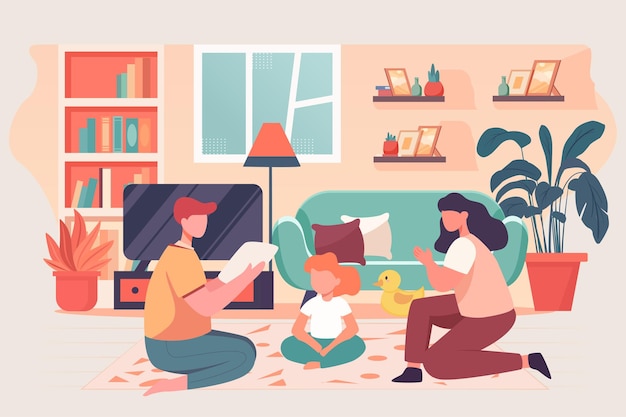 Rodzina grająca w gry w salonie z sofą i regałem w ilustracji wektorowych tła