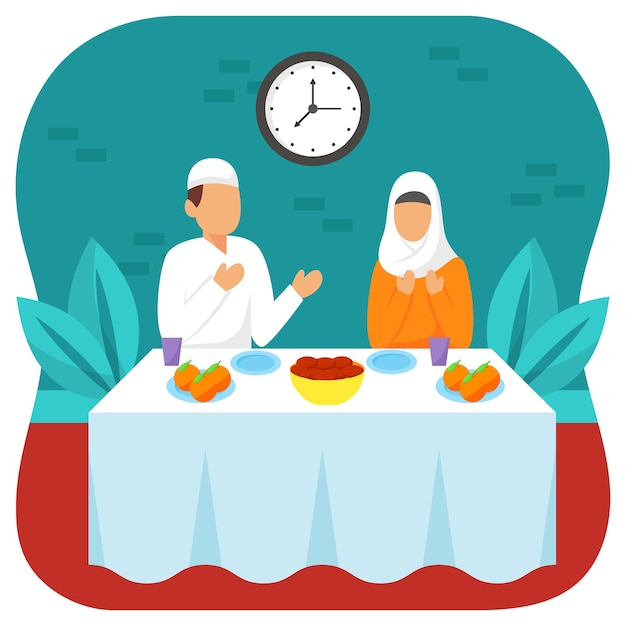 Plik wektorowy rodzina muzułmanów robi duet przed złamaniem szybkiej koncepcji wektora czasu ifarti ramazan eid alfitr