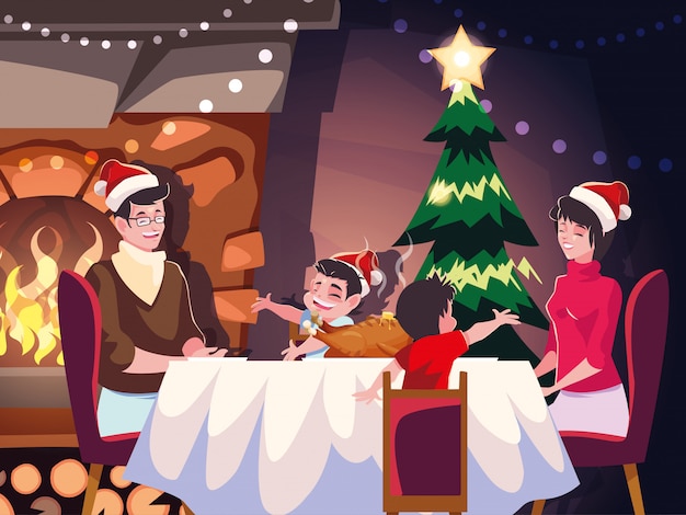 Rodzina w jadalni, scena Bożego Narodzenia wieczorem