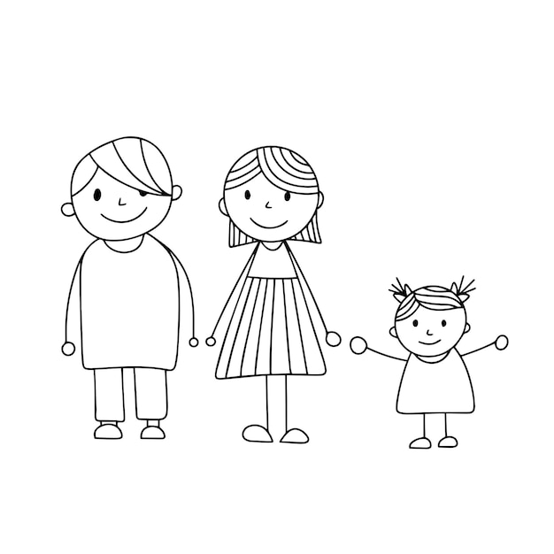 Rodzina w stylu doodle – ręcznie rysowany kontur mężczyzny, kobiety i dziewczynki – grafika wektorowa ręcznie rysowana