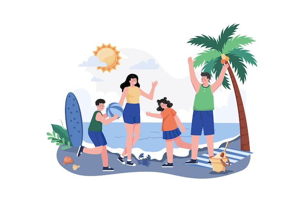 Plik wektorowy rodzina wakacje na plaży ilustracja koncepcja płaska ilustracja odizolowana na białym tle