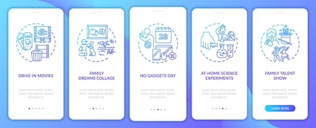 Rodzinne Pomysły Na Zabawne Wprowadzanie Na Ekran Strony Aplikacji Mobilnej Z Koncepcjami. Rodzinny Pokaz Talentów W Szkole. 5 Kroków. Szablon Ui Z Kolorowymi Ilustracjami Rgb