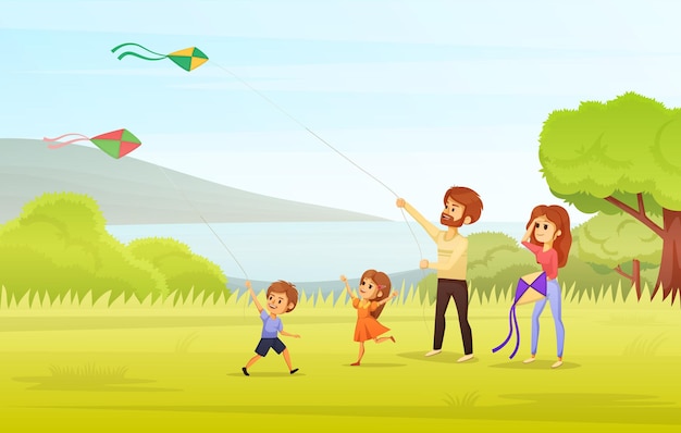 Rodzinne wakacje koncepcja kreskówka mama i tata z dwójką dzieci latających latawców na ilustracji parku