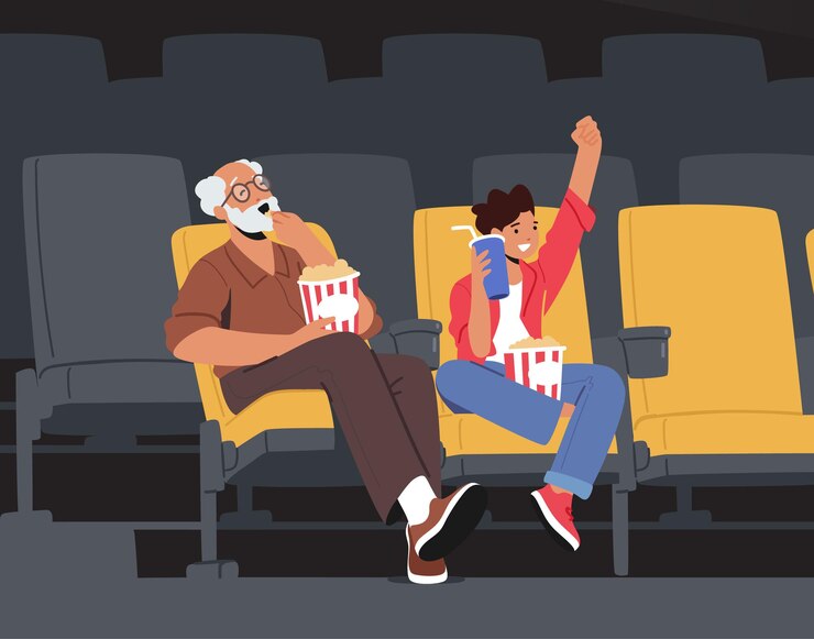 Rodzinny weekend rozrywkowy, postacie dziadka i wnuka oglądanie filmu w kinie z popcornem i colą. Dziadek z chłopcem cieszącym się filmem w kinie. Ilustracja wektorowa kreskówka ludzie