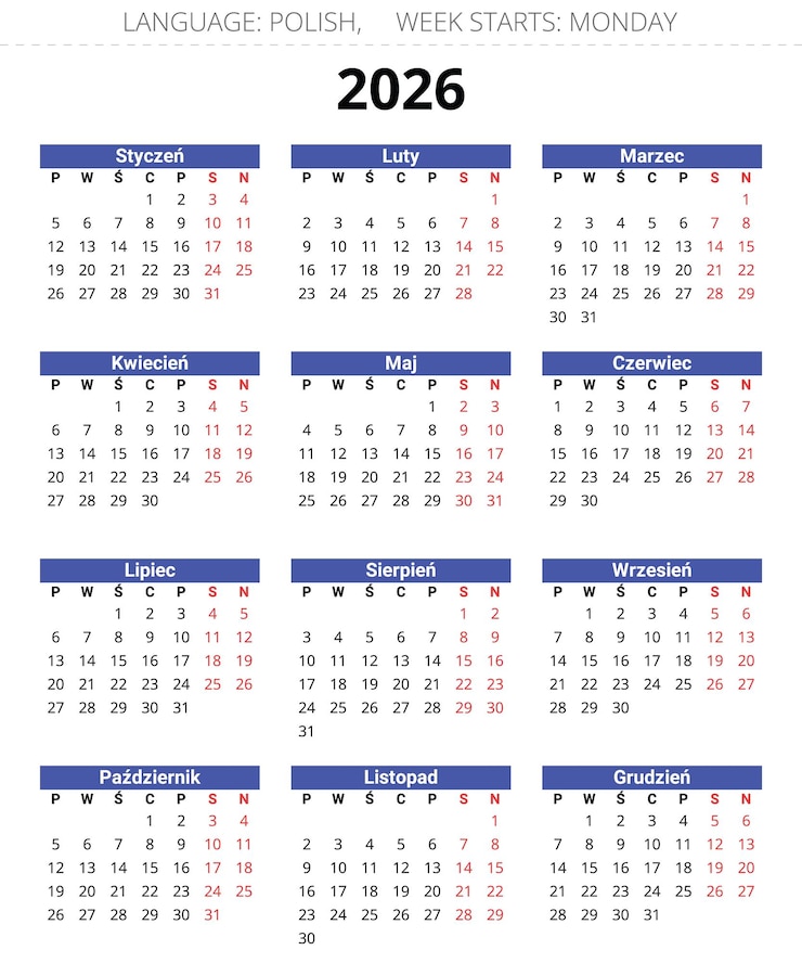 Wektor rok 2026 kalendarz polski ilustracja wektorowa edytowalna do drukowania polska