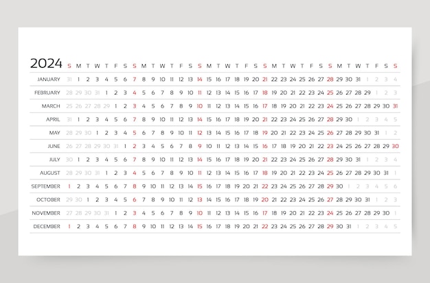 Plik wektorowy rok kalendarzowy 2024 szablon planera liniowego kalendarz roczny poziomy układ harmonogramu rocznego