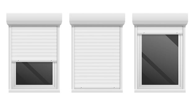 Plik wektorowy rolety realistyczna elewacja roleta okienna metalowa rama 3d otwórz i zamknij makieta białej żaluzji wektorowy szablon mebli zewnętrznych do domu i biura zapewniający prywatność lub bezpieczeństwo