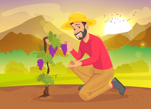 Rolnik trzymający winogrona w ogrodzie na tle przyrody