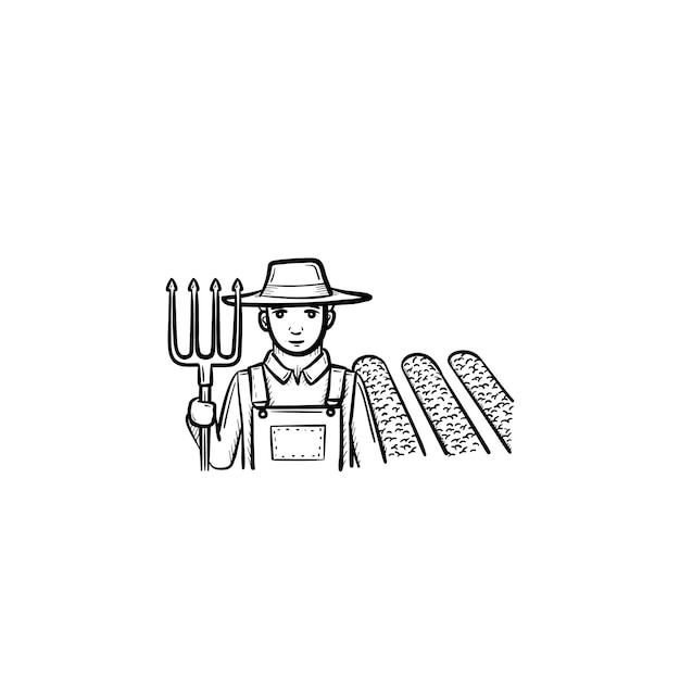 Rolnik Z Pitchffork Ork W Polu Ręcznie Rysowane Wektor Zarys Doodle Ikona. Rolnik Szkic Ilustracji Do Druku, Sieci Web, Mobile I Infografiki Na Białym Tle.