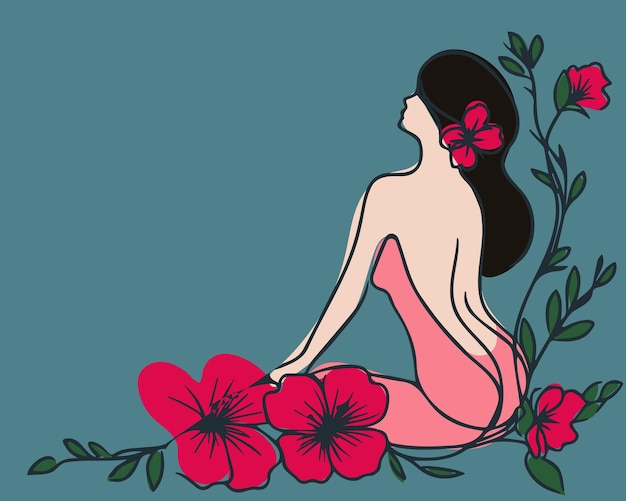 Romantyczna Dziewczyna Siedząca Z Plecami W Kwiatach Harmonia Człowieka I Natury Wektorowy Róg Ilustracja Z Przestrzenią Dla Tekstu Minimalistyczna Sztuka Liniowa
