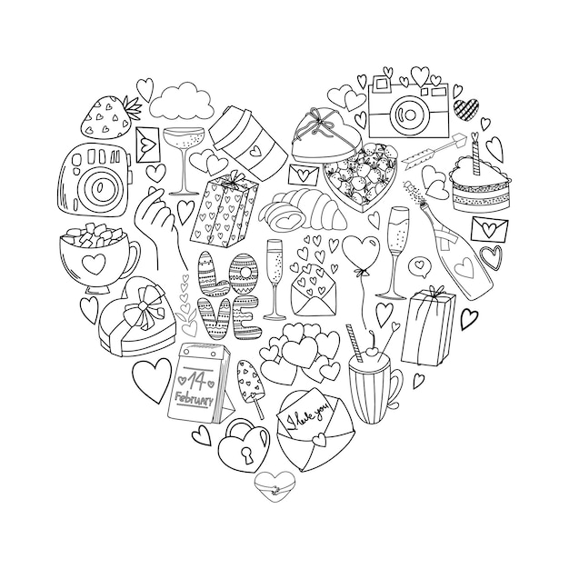 Romantyczna Ilustracja Na Walentynki Serce Ręcznie Narysowanych Elementów W Stylu Doodle