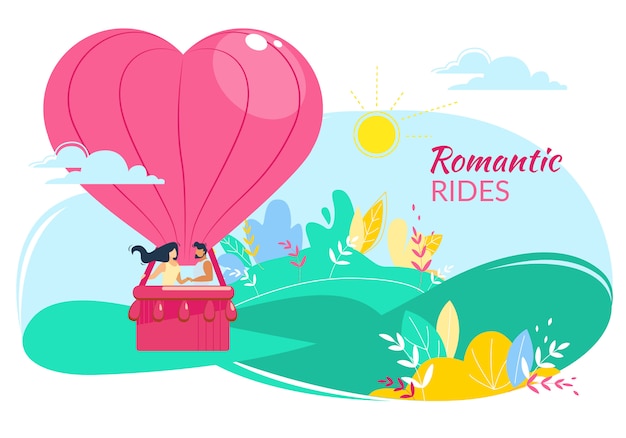 Romantyczne Przejażdżki, Kochająca Szczęśliwa Para W Serce Kształtującym Lotniczym Balonie Lata W Chmurnym Niebie
