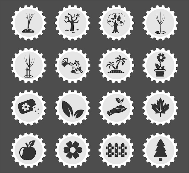 Roślinne Symbole Narzędzi Na Okrągłych Stylizowanych Ikonach Znaczków Pocztowych
