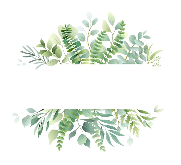 Rośliny zielone, akwarele, eukaliptus, granice, prosty dekor ślubny, minimalistyczny, ramka herbarium, menu z zielonymi liśćmi, karty botaniczne i plakaty z dzikimi kwiatami, szablon, ilustracja wektorowa