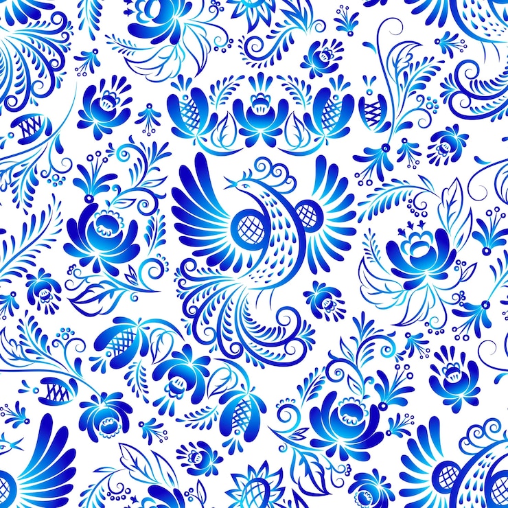 Wektor rosyjski ornamentuje gzhel sztuki bezszwowego wzór, ilustrację błękitni barwioni kwiaty i ptak.