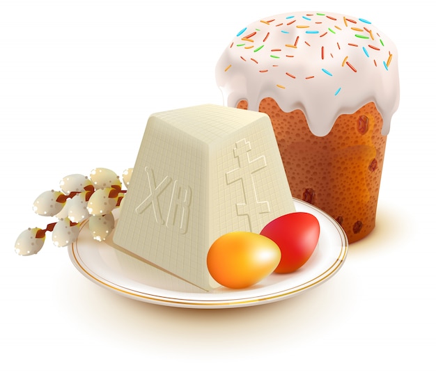 Rosyjski Wielkanocny Tort, Twarożek, Kolorowe Jajka I Gałązka Wierzby